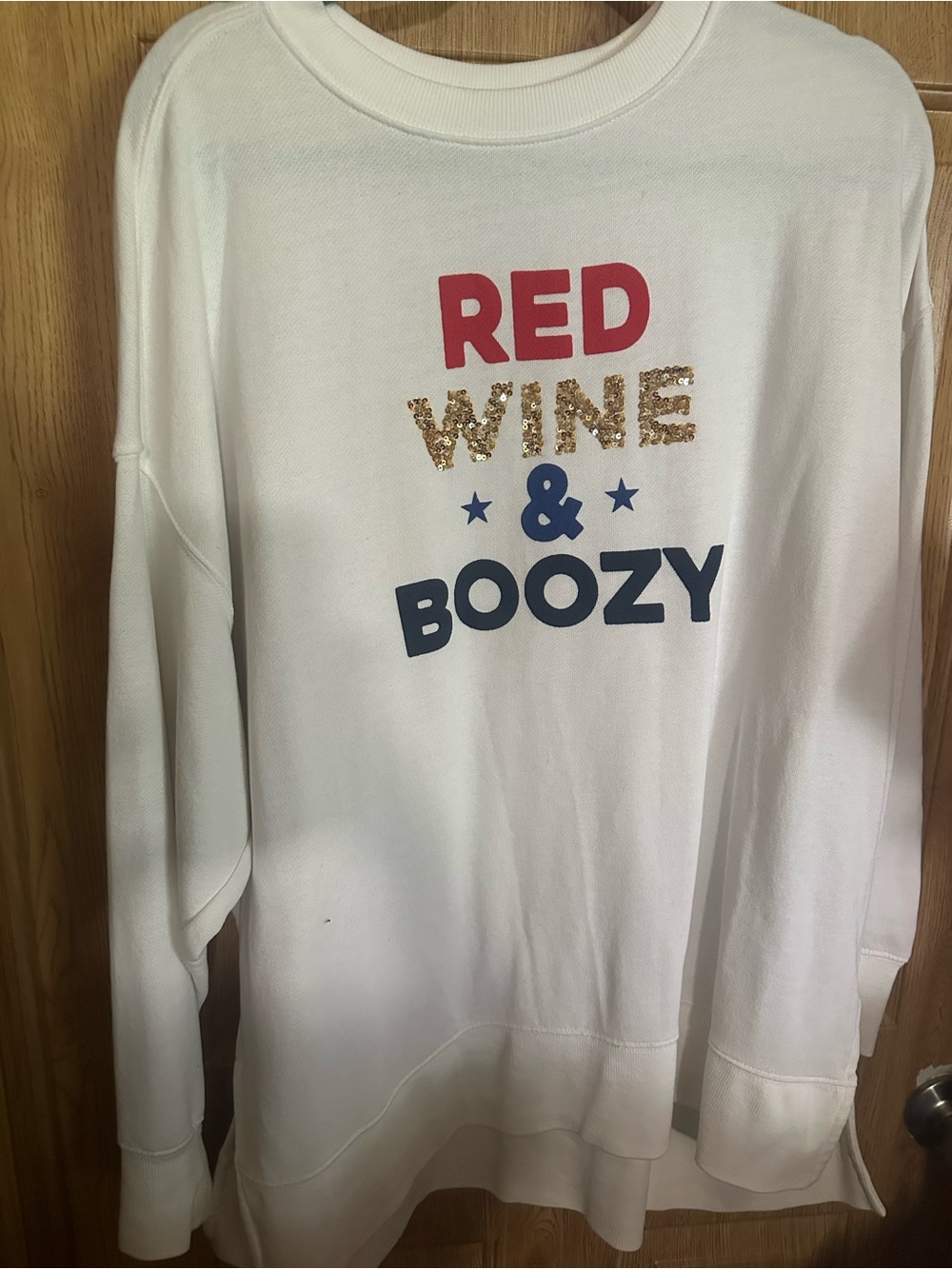 crown & ivy White Sweatshirt with Red, Gold Sequin & Navy Graphic